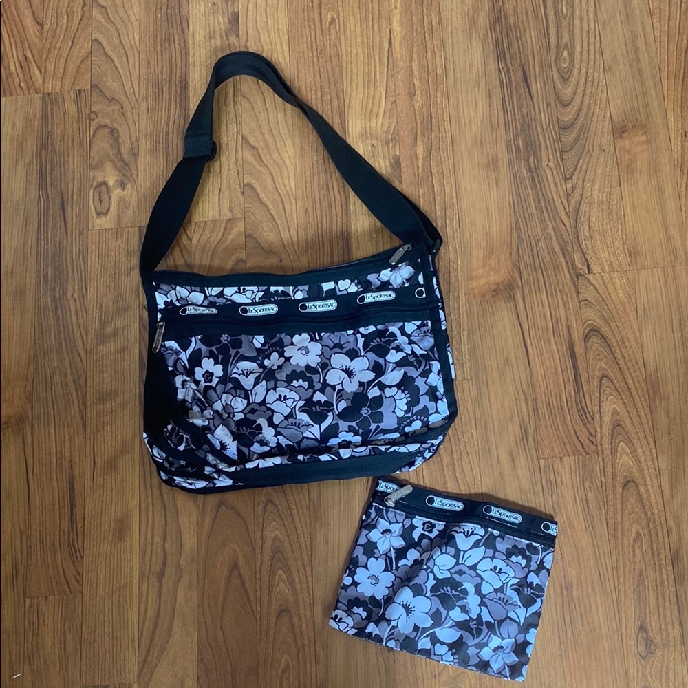 Lesportsac Floral Black and White Shoulder Bag and comestic set